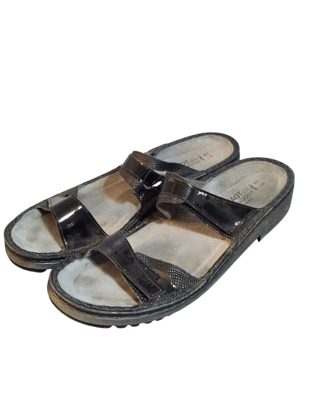 Naot Sandals Womens 41 10 10.5 Black Patent Leather Double Strap Shoes Hook Loop